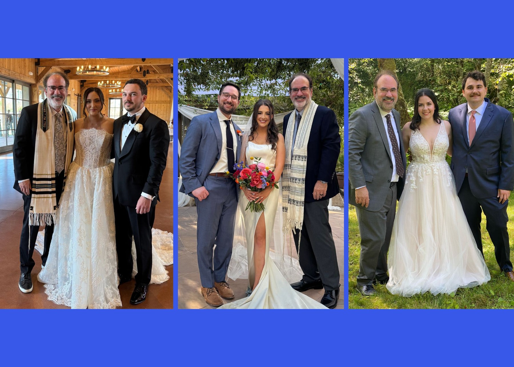 Rabbi Sandy celebrating with a wedding couple outdoors